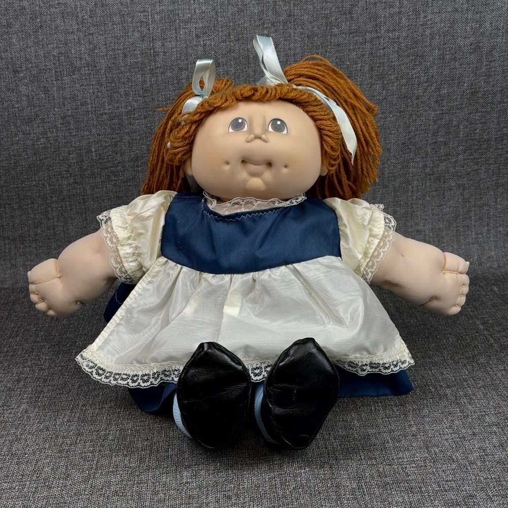 Vintage Handmade Doll Girl Yarn Hair Blue Dress Shoes